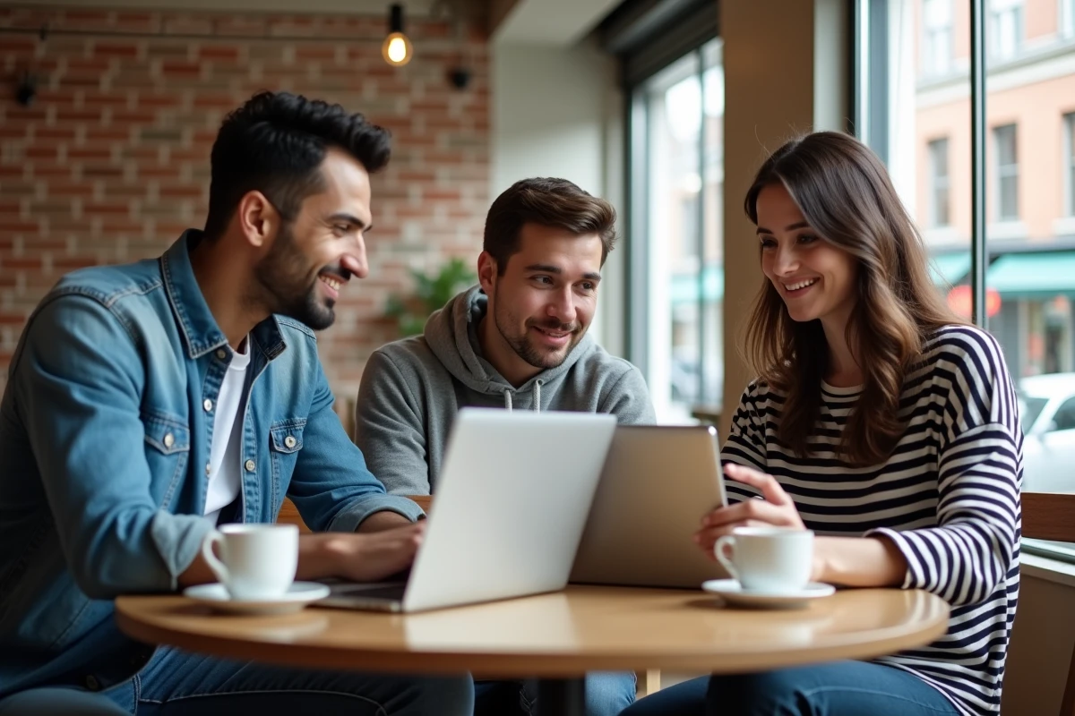 Groupe de professionnels étudiant ensemble des formations en ligne autour d'une table dans un café moderne