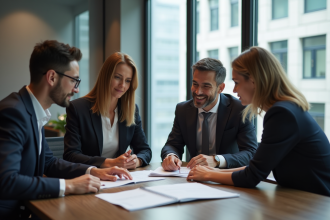 Groupe de professionnels en réunion dans un bureau moderne