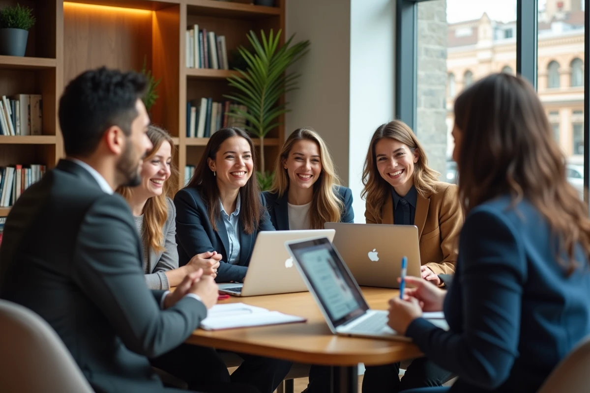 Groupe divers de professionnels discutant autour d
