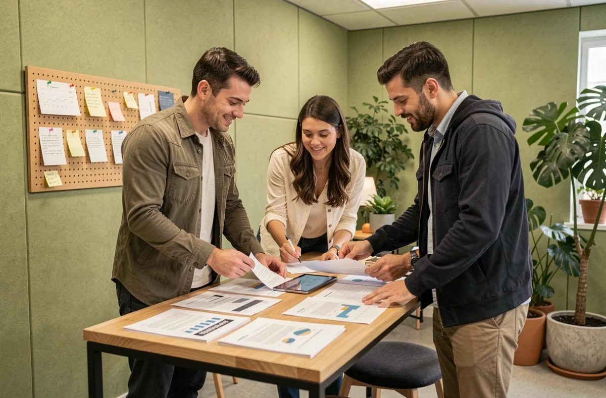 Groupe de professionnels en réunion debout dans un espace de coworking à Lorient, consultant des documents et une tablette