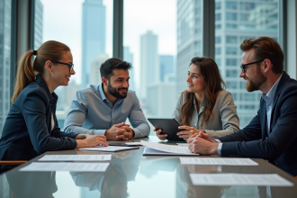 Groupe de quatre professionnels en réunion dans un bureau moderne