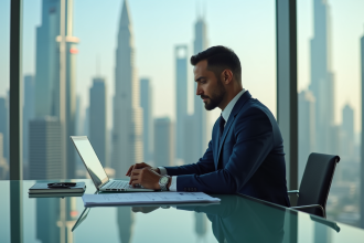 Homme d'affaires confiant à Dubai dans un bureau luxueux