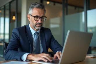 Homme d'affaires en costume tapant sur un laptop dans un bureau moderne