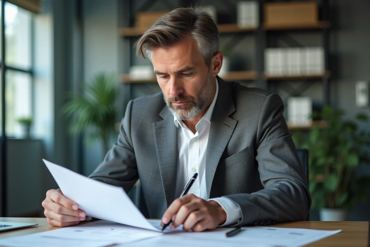 Homme d'affaires en costume gris dans un bureau moderne