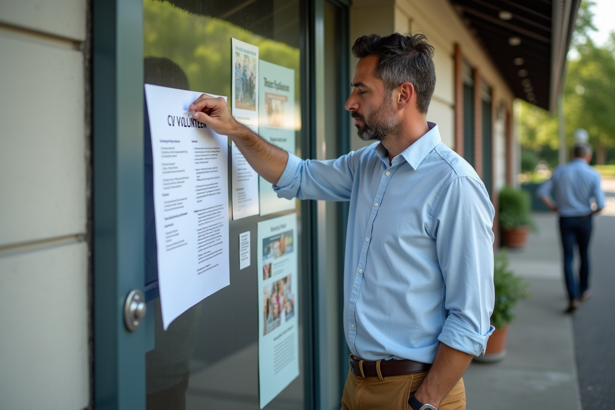 Homme épinglant son CV sur un panneau d affiches extérieur