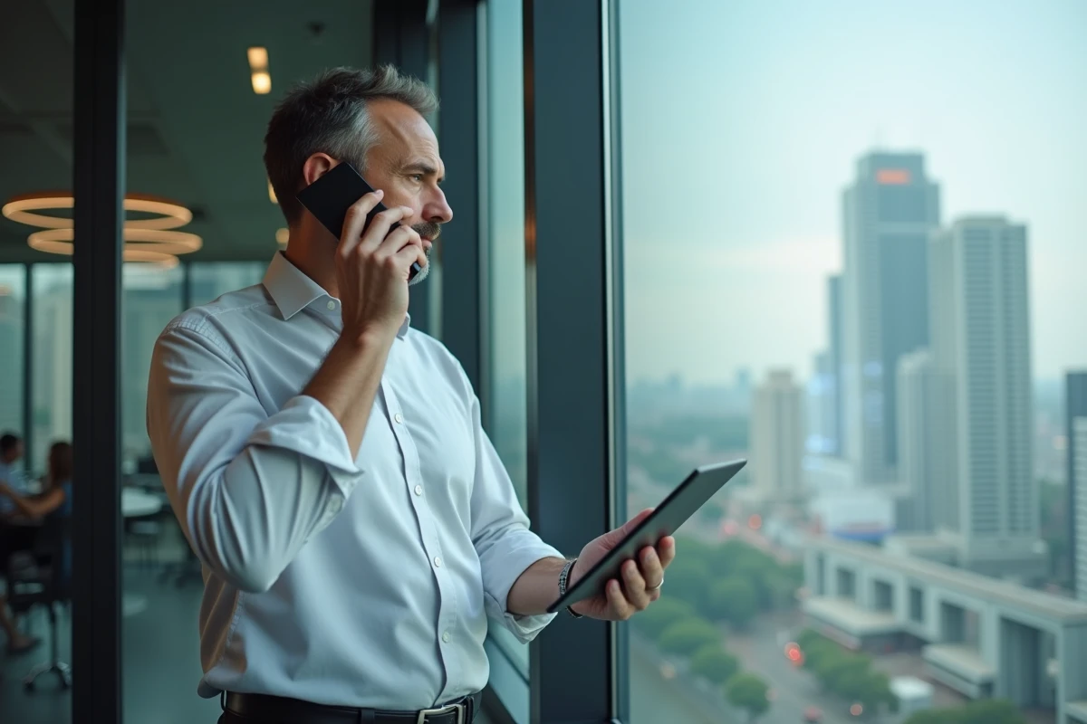 Homme d affaires parlant au téléphone près d une fenêtre urbaine