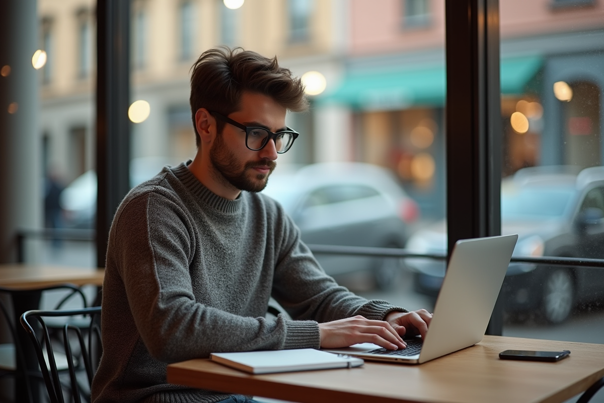 Homme au café utilisant un ordinateur portable dans un cadre urbain
