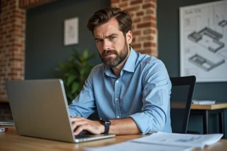 Homme confiant au bureau avec plan de construction