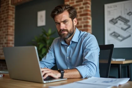 Homme confiant au bureau avec plan de construction
