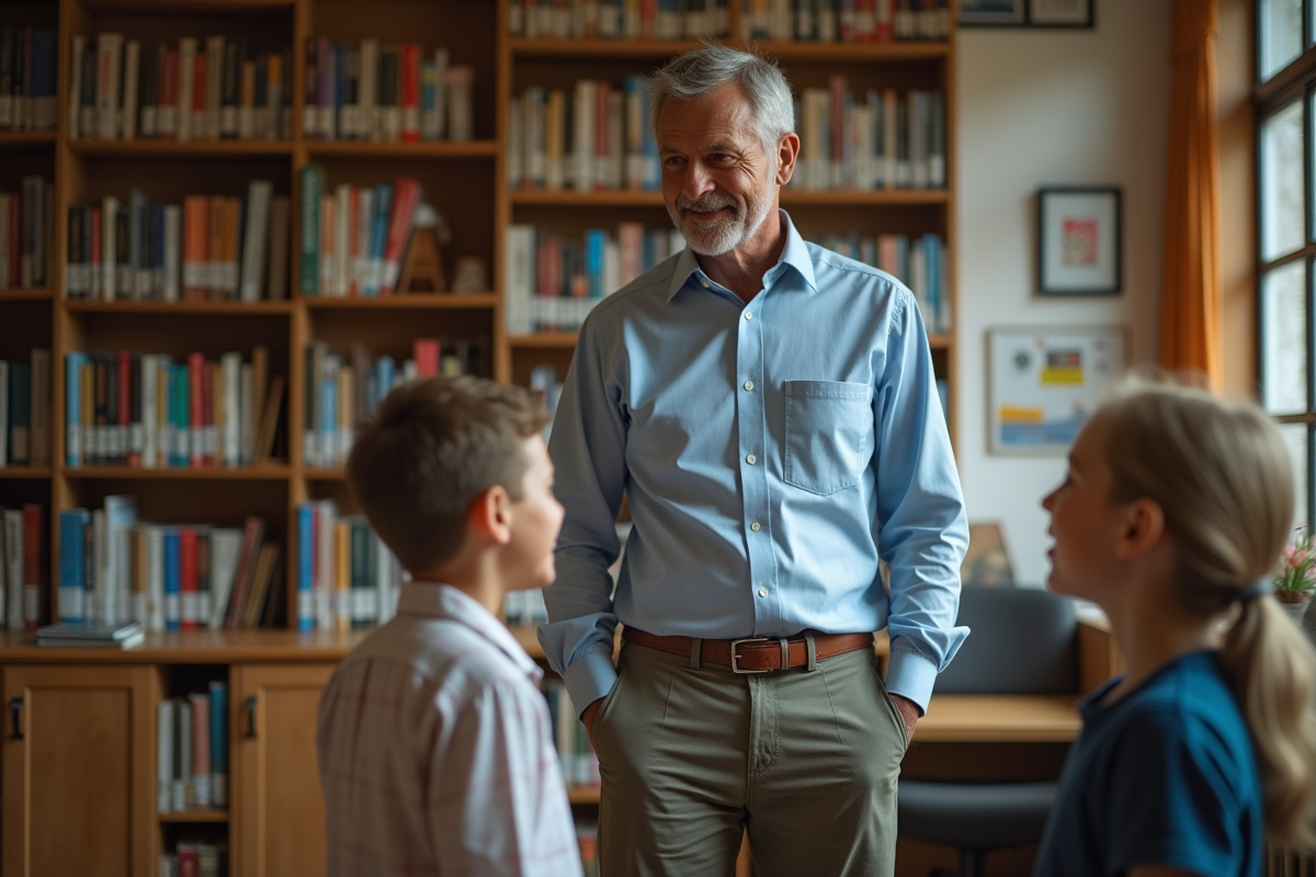 Homme discutant avec un enfant dans une bibliothèque