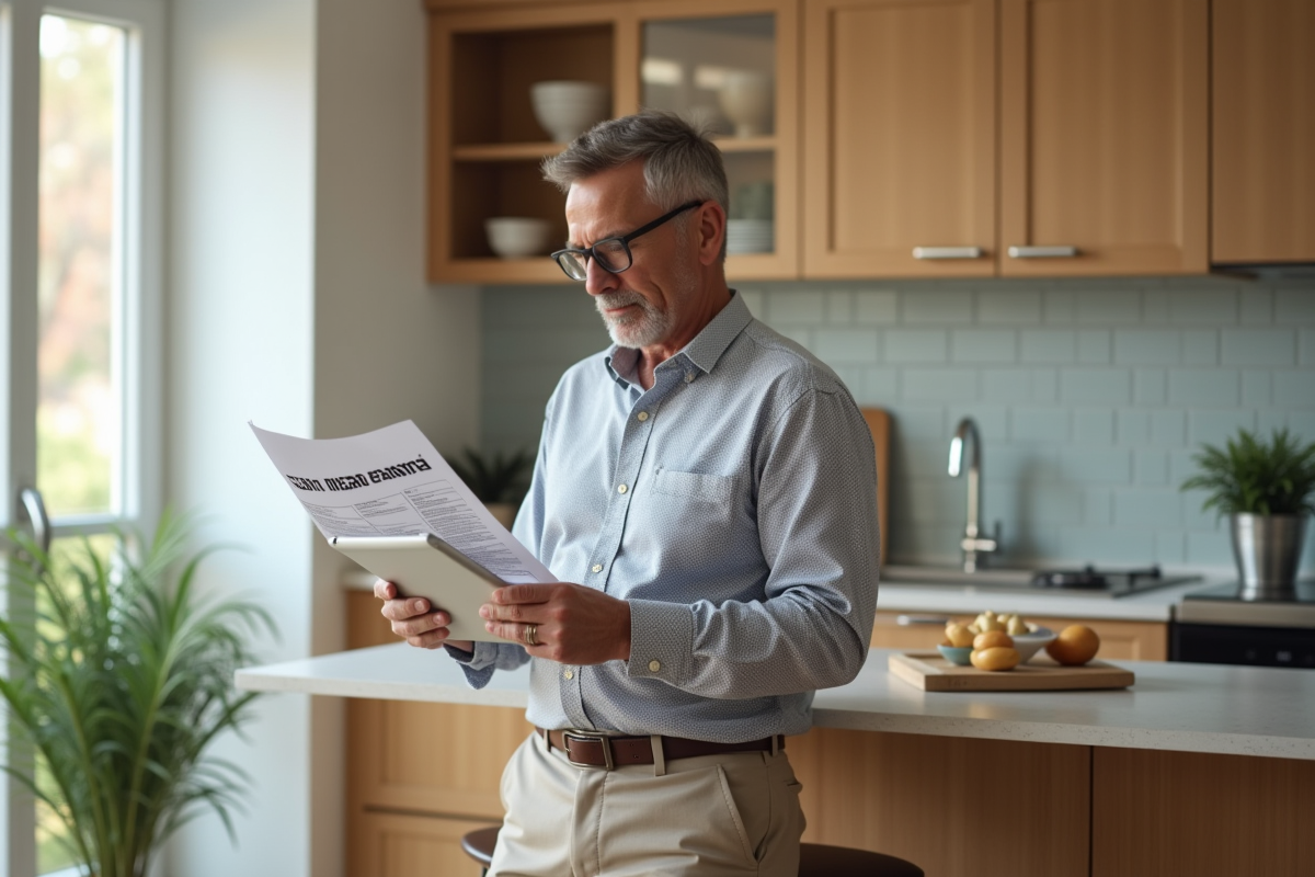 Homme à la maison consulte un manuel de standards sur tablette