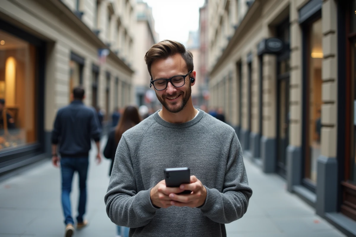 Homme dans la rue &eacute;coute un podcast financier sur son smartphone