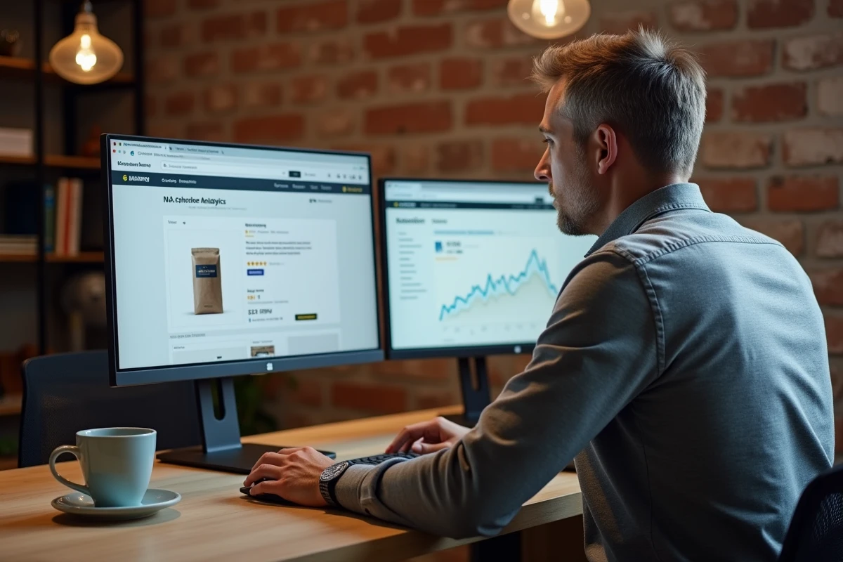 Homme travaillant sur deux écrans avec une page e-commerce affichant des avis clients et un tableau de bord de conversion