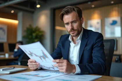 Homme sérieux en blazer bleu analysant des graphiques financiers