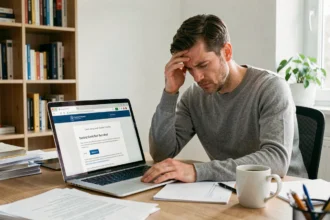 Homme frustré devant son ordinateur face à une erreur de connexion sur le site Urssaf