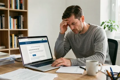 Homme frustré devant son ordinateur face à une erreur de connexion sur le site Urssaf