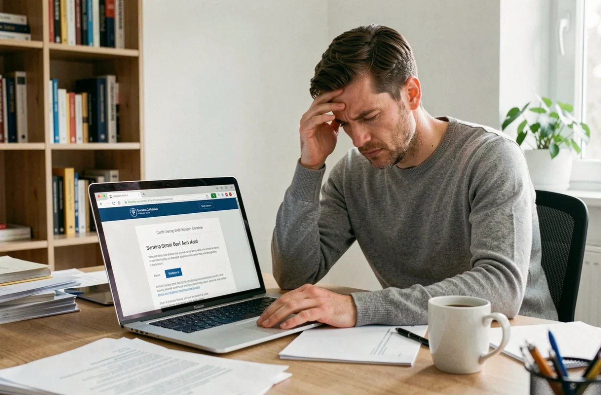 Homme frustré devant son ordinateur face à une erreur de connexion sur le site Urssaf