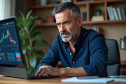 Homme inquiet regardant un tableau financier sur son ordinateur