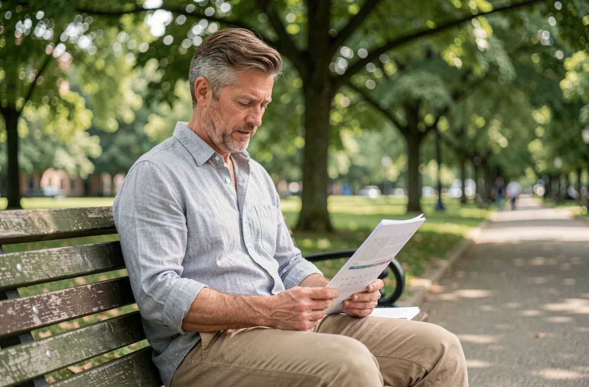 Homme en pause extérieure dans un parc urbain consultant son agenda et des documents professionnels sur un banc