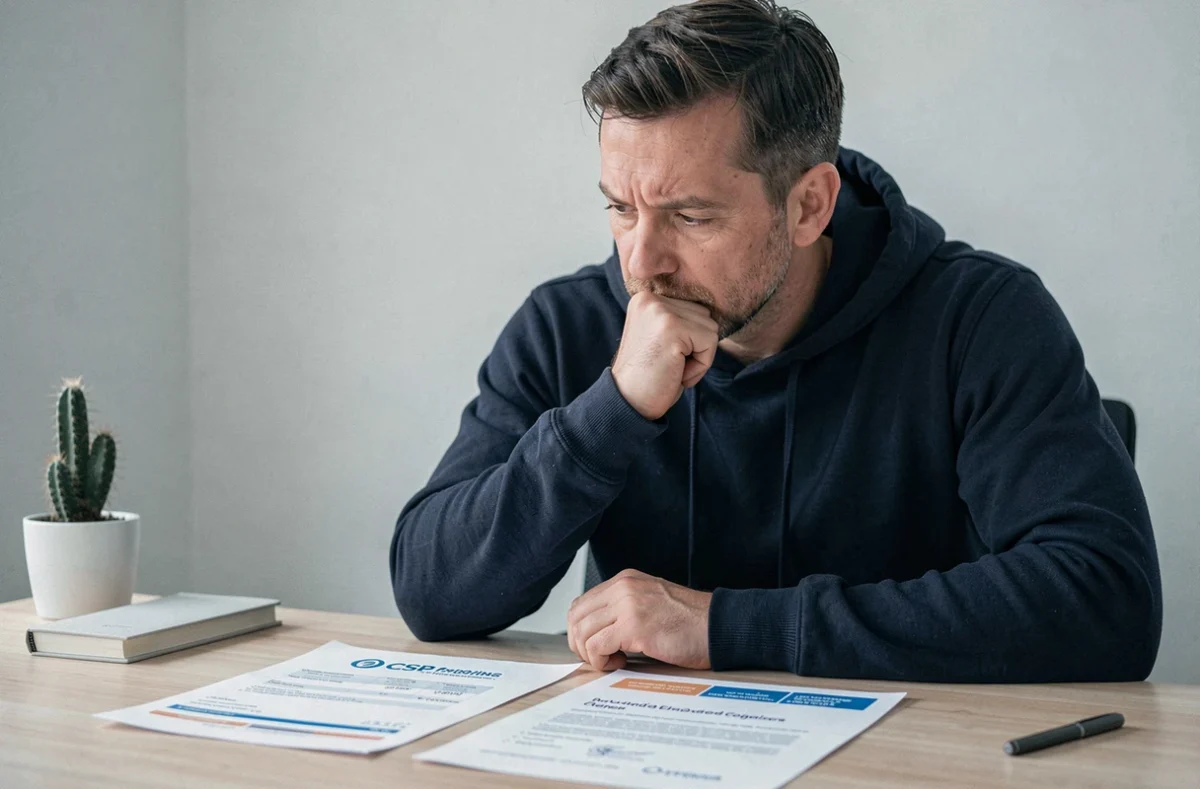 Homme pensif comparant une fiche de salaire et une lettre d'adhésion au CSP sur un bureau à domicile