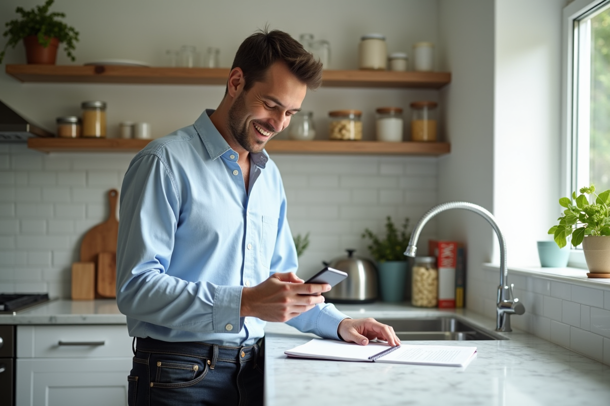 Homme vérifie son smartphone en préparant un repas dans la cuisine