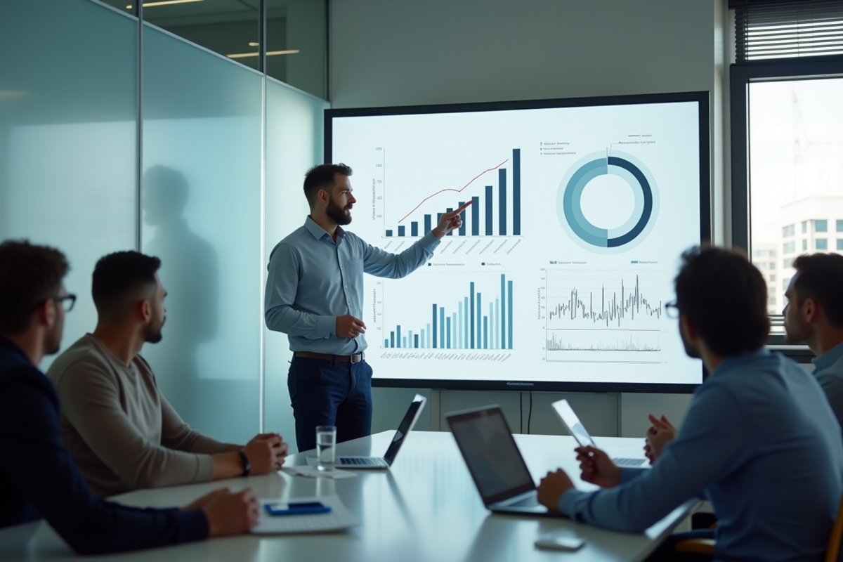 Homme présentant des résultats KPI à ses collègues en réunion
