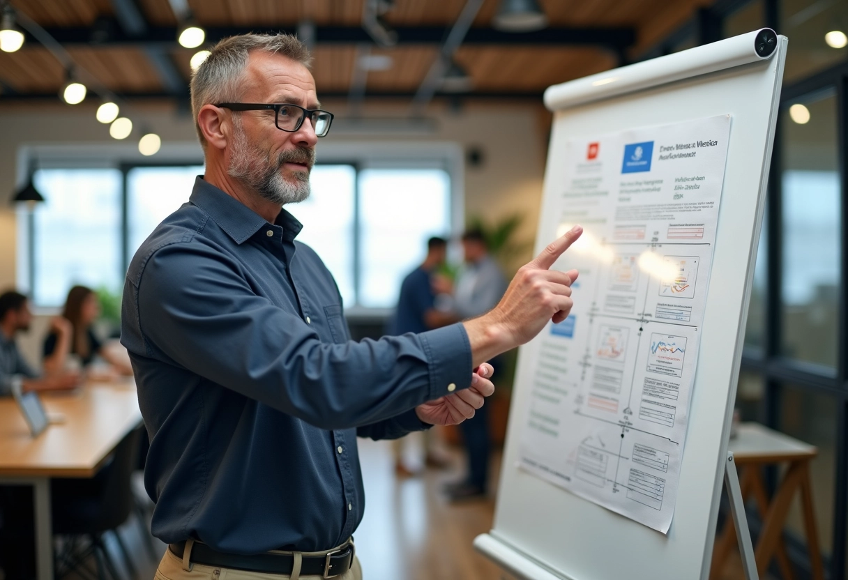 Homme expliquant un diagramme PPC en coworking