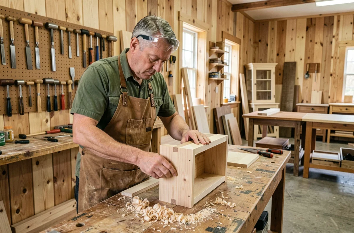 Homme en reconversion apprenant la menuiserie artisanale dans un atelier de bois