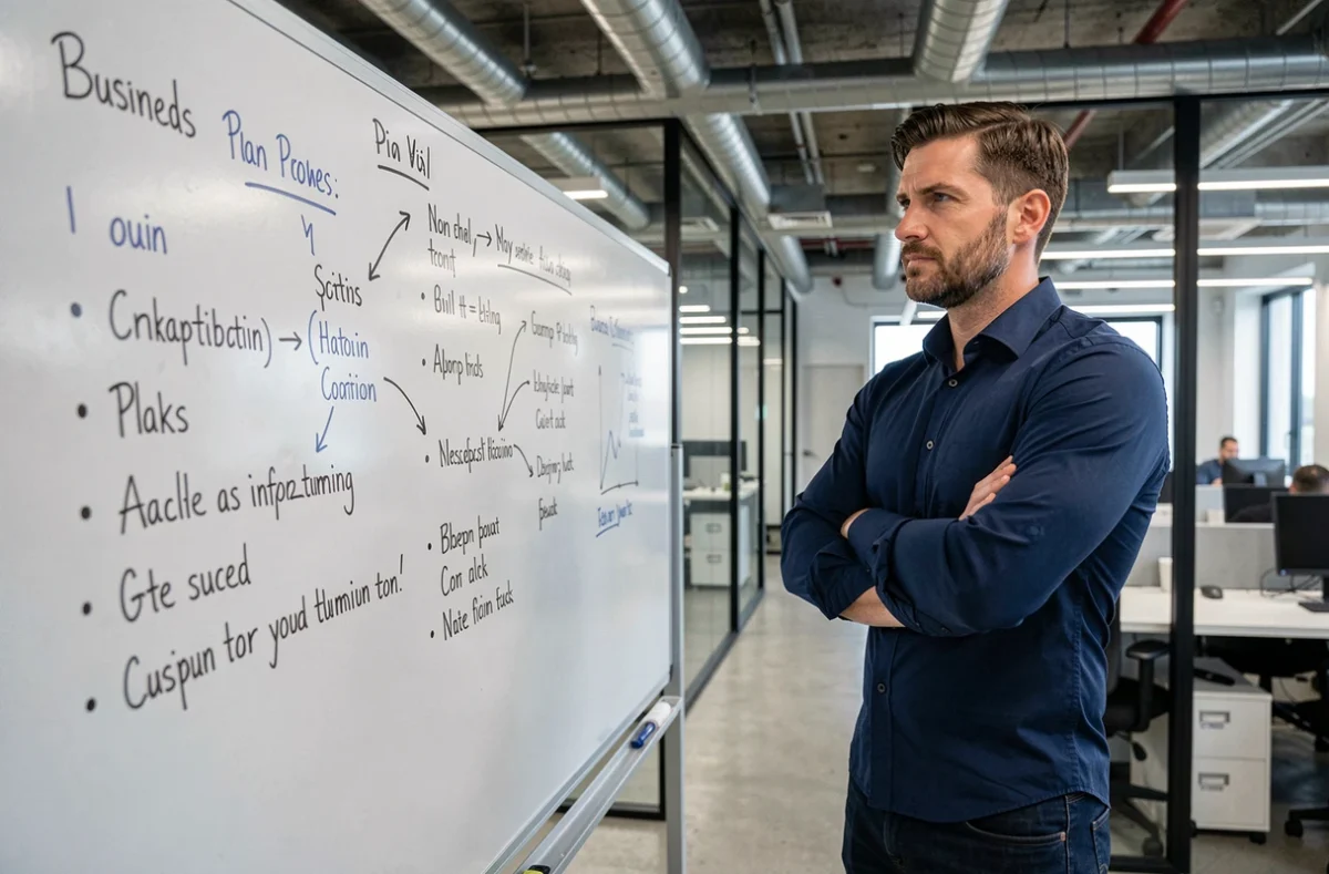 Homme en reconversion professionnelle élaborant son plan d'affaires sur un tableau blanc dans un espace de coworking moderne