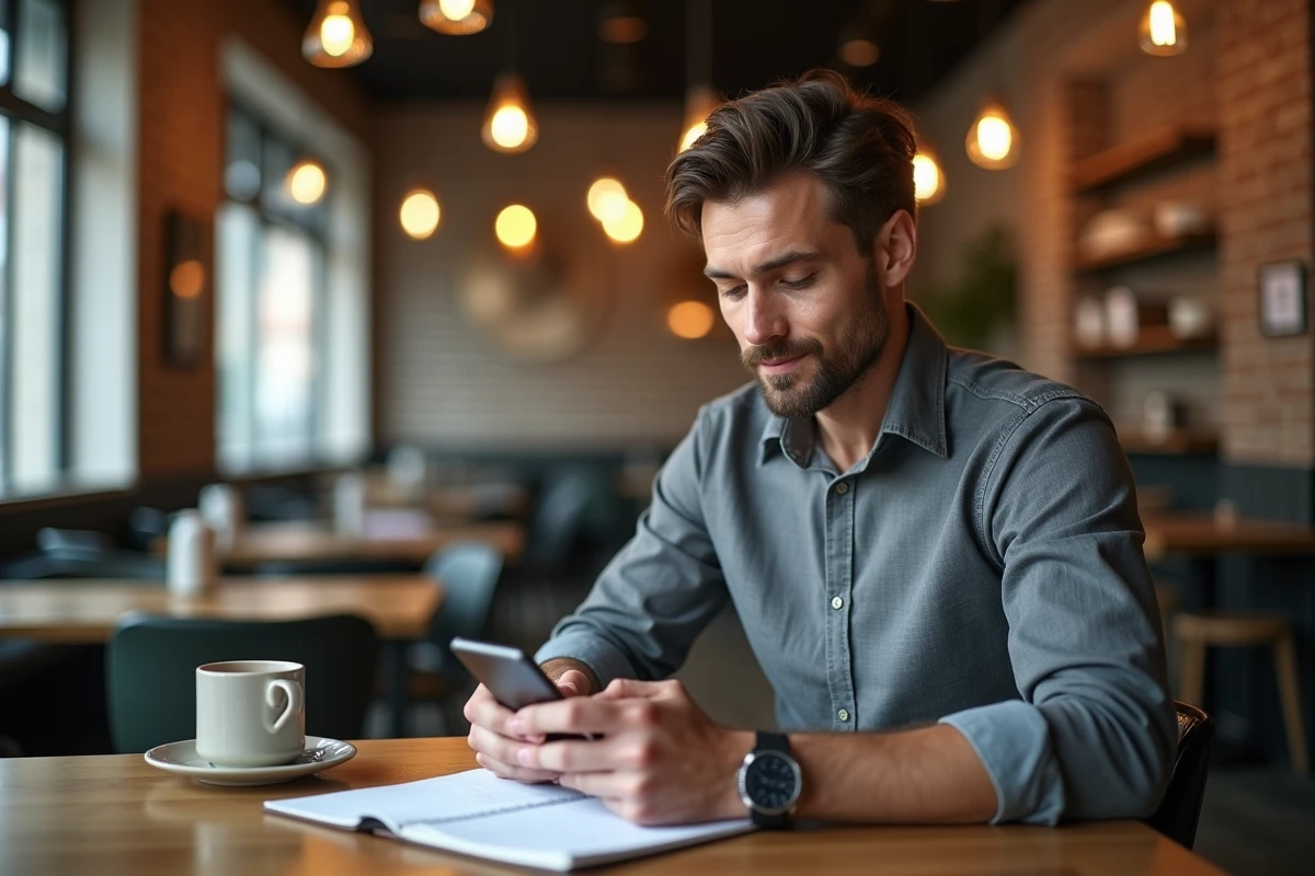 Homme rédigeant une publication LinkedIn avec gras italique et emojis sur smartphone dans un café urbain