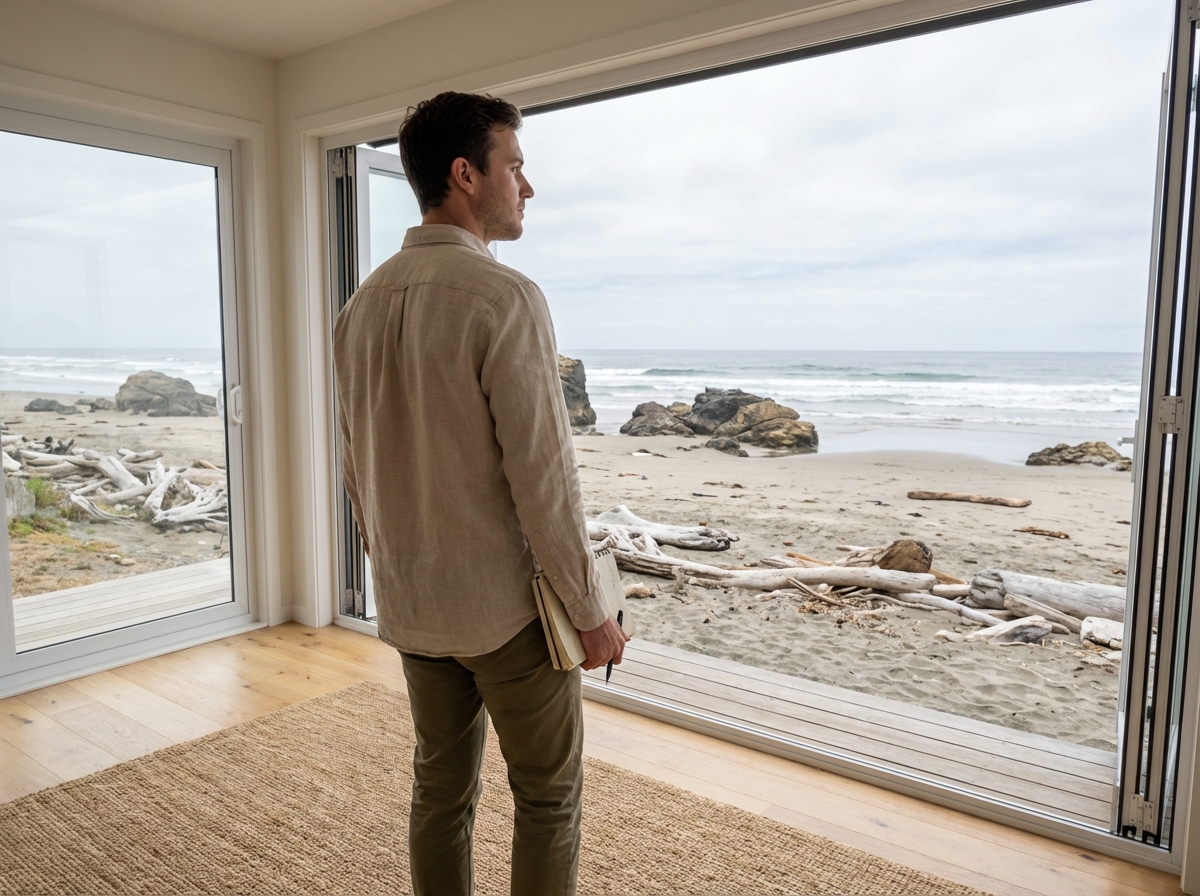 Homme dans un bureau face &agrave; la mer en pleine r&eacute;flexion
