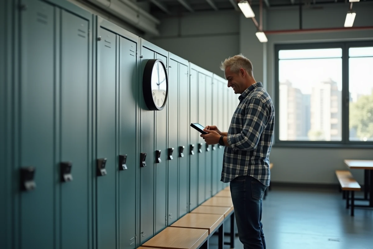 Homme en tenue décontractée regardant une horloge digitale dans une salle de pause
