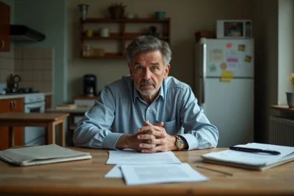 Homme d'&acirc;ge moyen pensif avec papiers dans une cuisine modeste