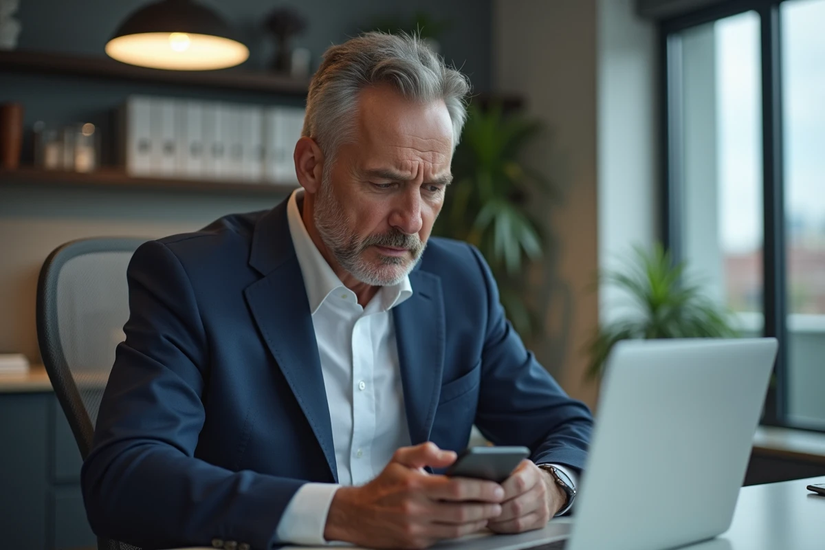 Homme d'affaires en costume noir regarde des avis en ligne