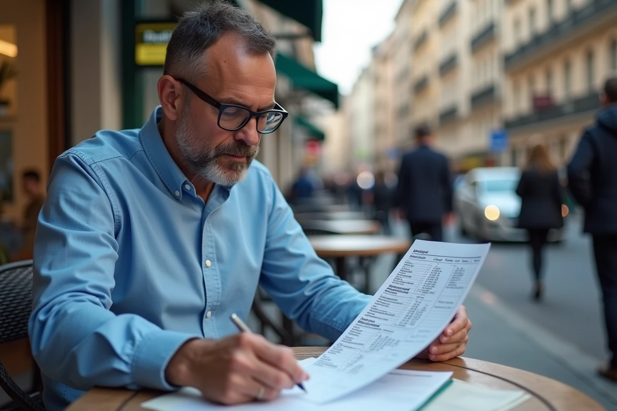 Homme lisant un relevé bancaire en extérieur dans un environnement urbain