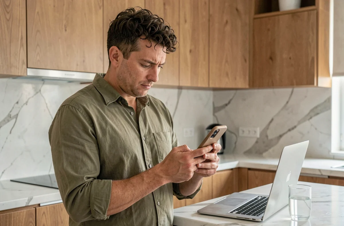 Homme cherchant une solution sur son téléphone pour résoudre un problème d'accès à l'Urssaf
