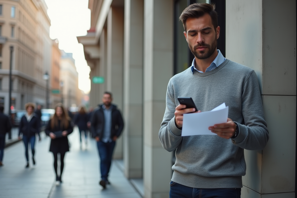 Homme utilisant son smartphone devant un bâtiment moderne