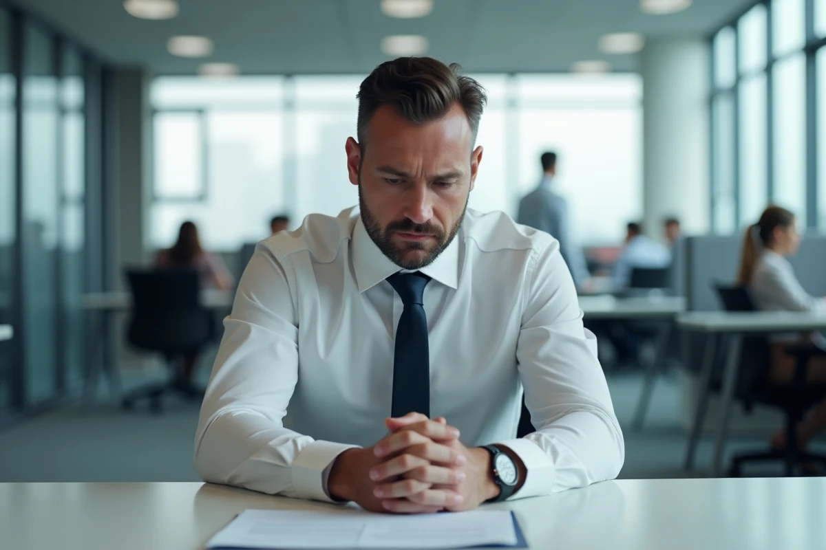 Homme stressé face à un document de licenciement dans un bureau moderne, illustrant la question de la faute lourde et du chômage