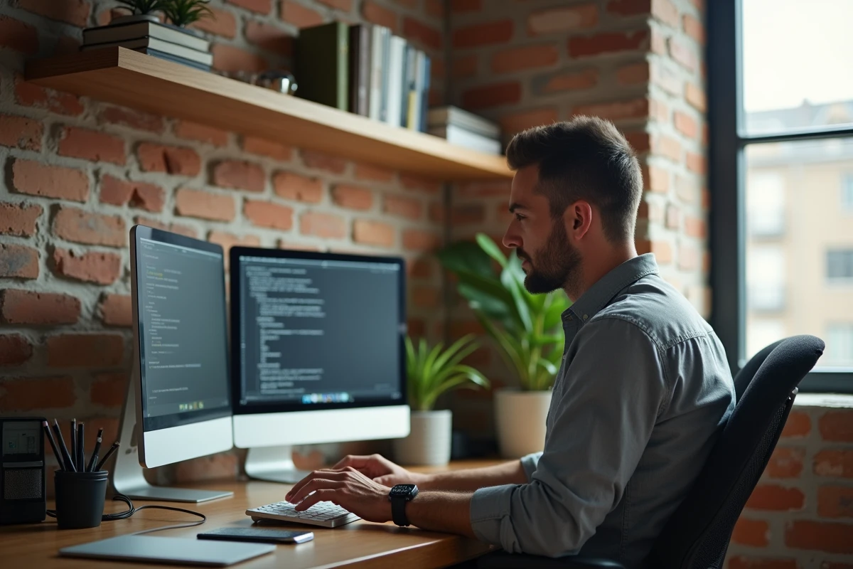 Homme en télétravail sur double écran dans un bureau à domicile pour revenus complémentaires