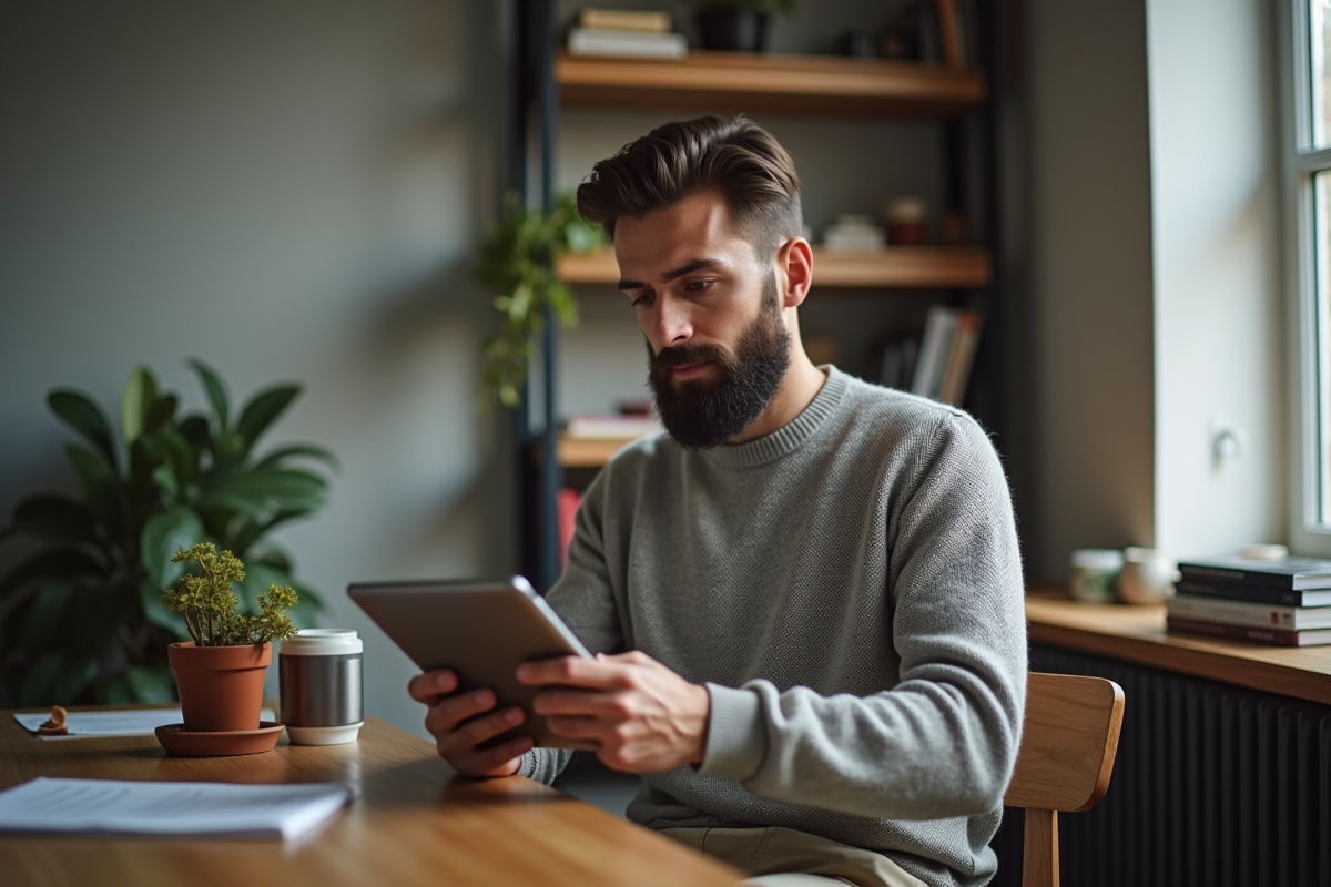 Homme avec barbe travaillant sur une tablette à la maison