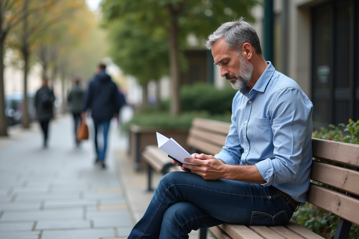 Homme d âge moyen examinant papiers devant tribunal français