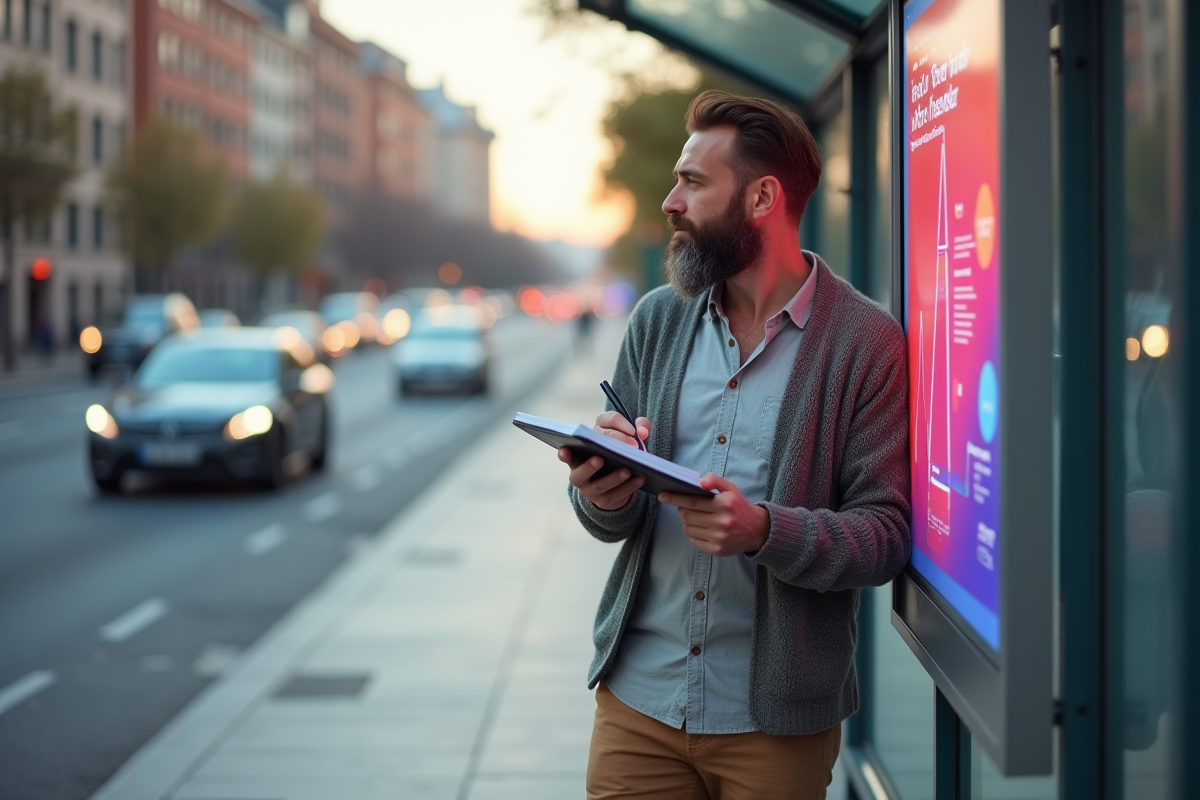 Homme avec un carnet examinant une affiche dans la rue urbaine