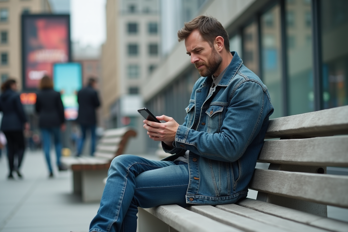 Homme d'âge moyen sur un banc urbain utilisant son smartphone
