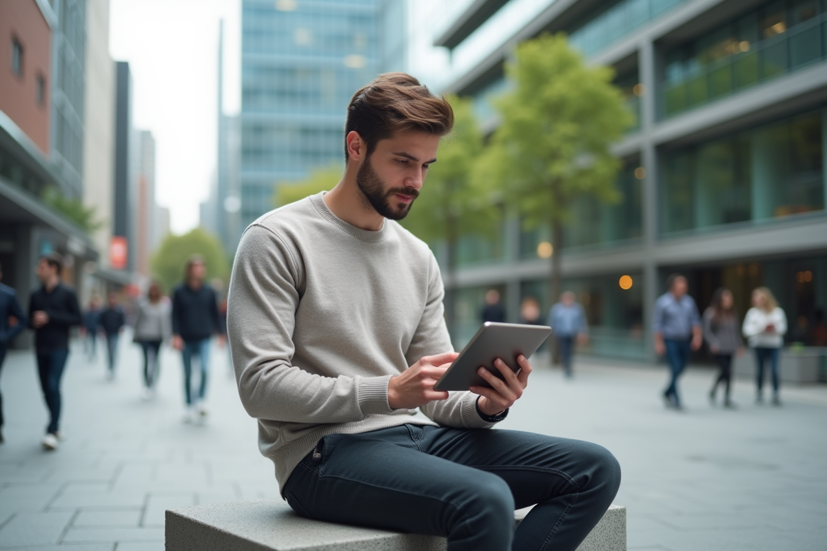 Jeune homme analysant ses statistiques Instagram en extérieur