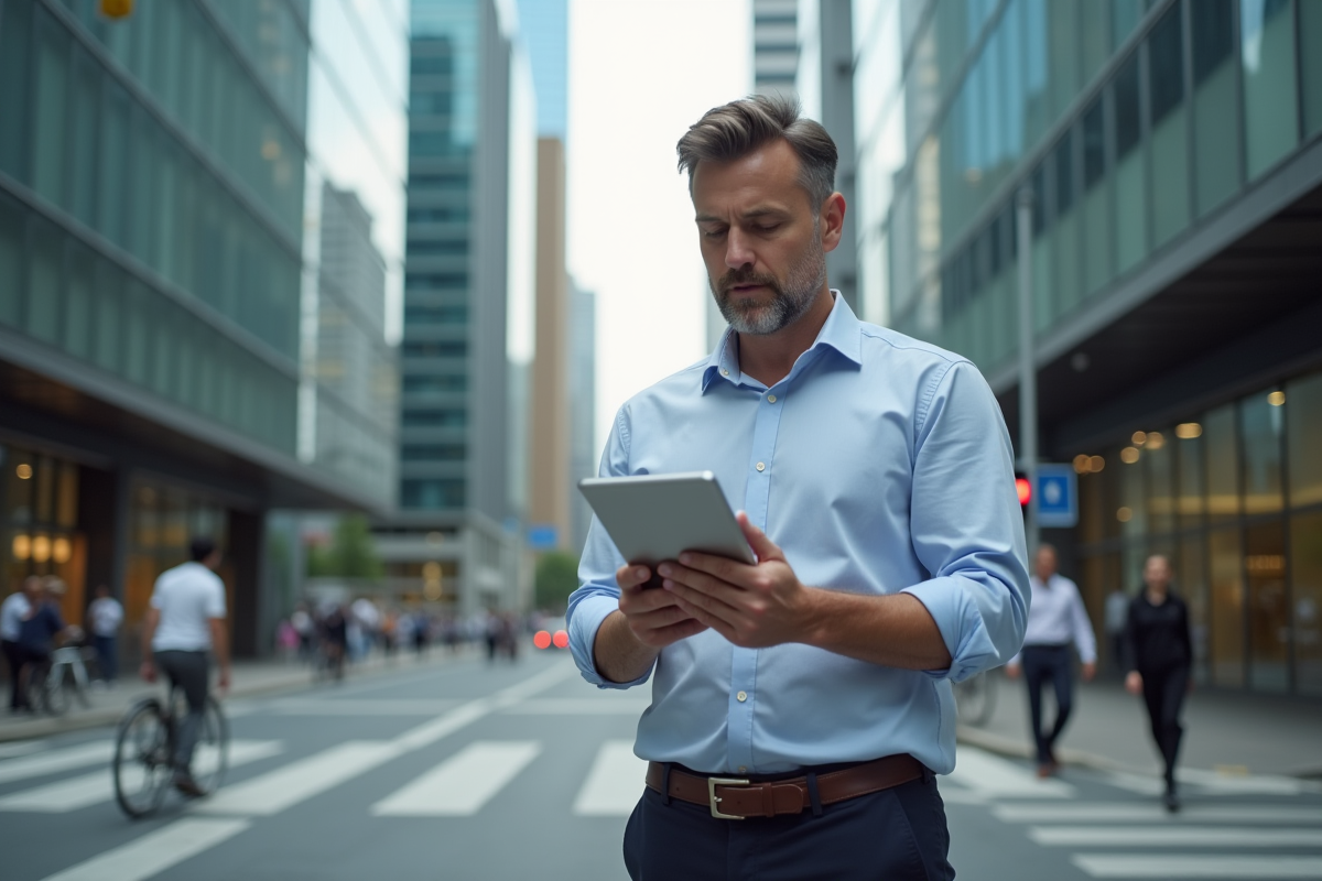 Homme d affaires regardant sa tablette dans la ville animée
