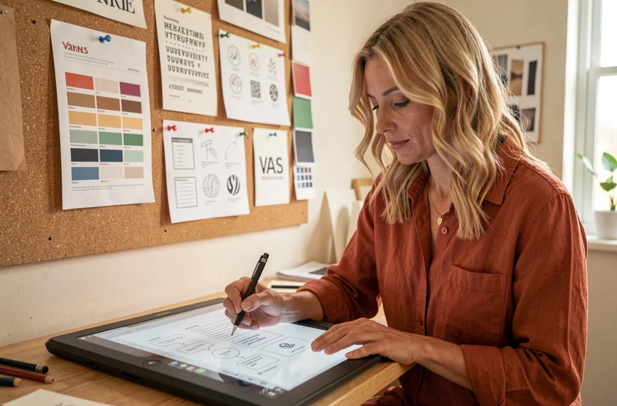 Directrice créative d'une agence interactive dessinant des concepts d'interface sur tablette graphique à Vannes