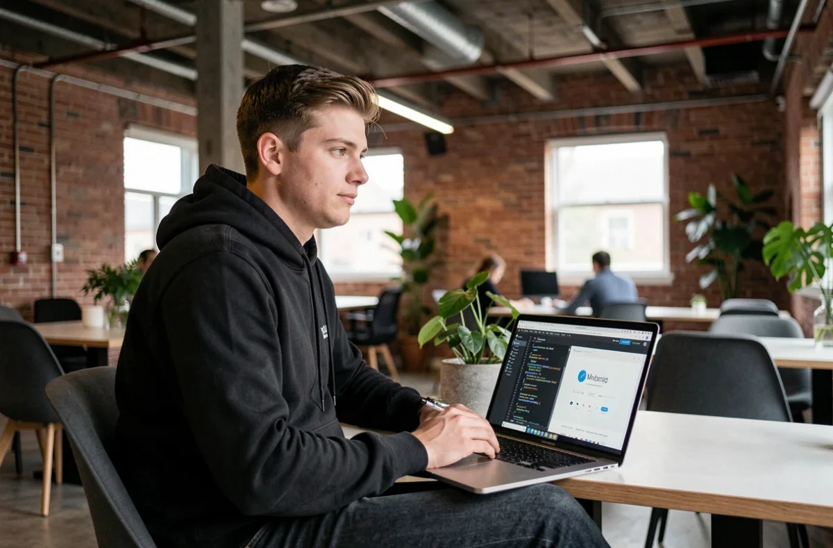 Développeur web de l'agence Ik Digital travaillant sur un prototype de site dans un espace de coworking moderne