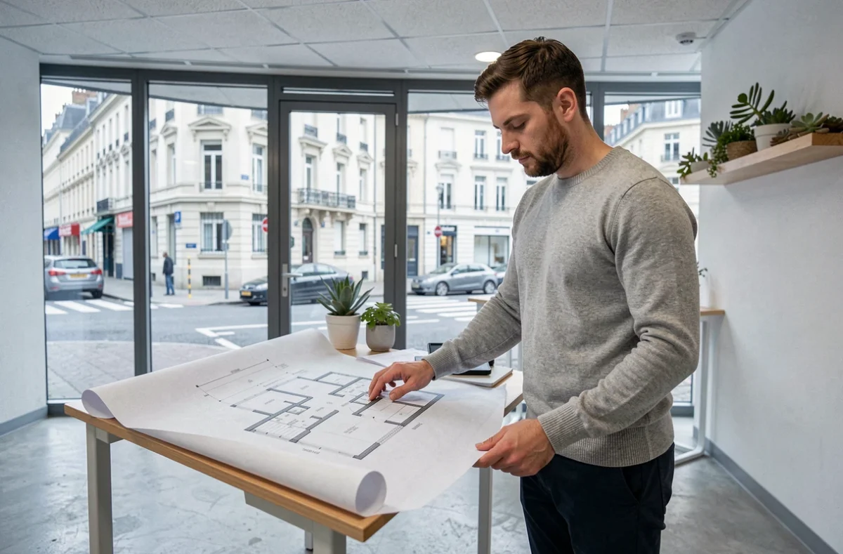 Professionnel indépendant debout à un bureau réglable dans un coworking minimaliste à Angers