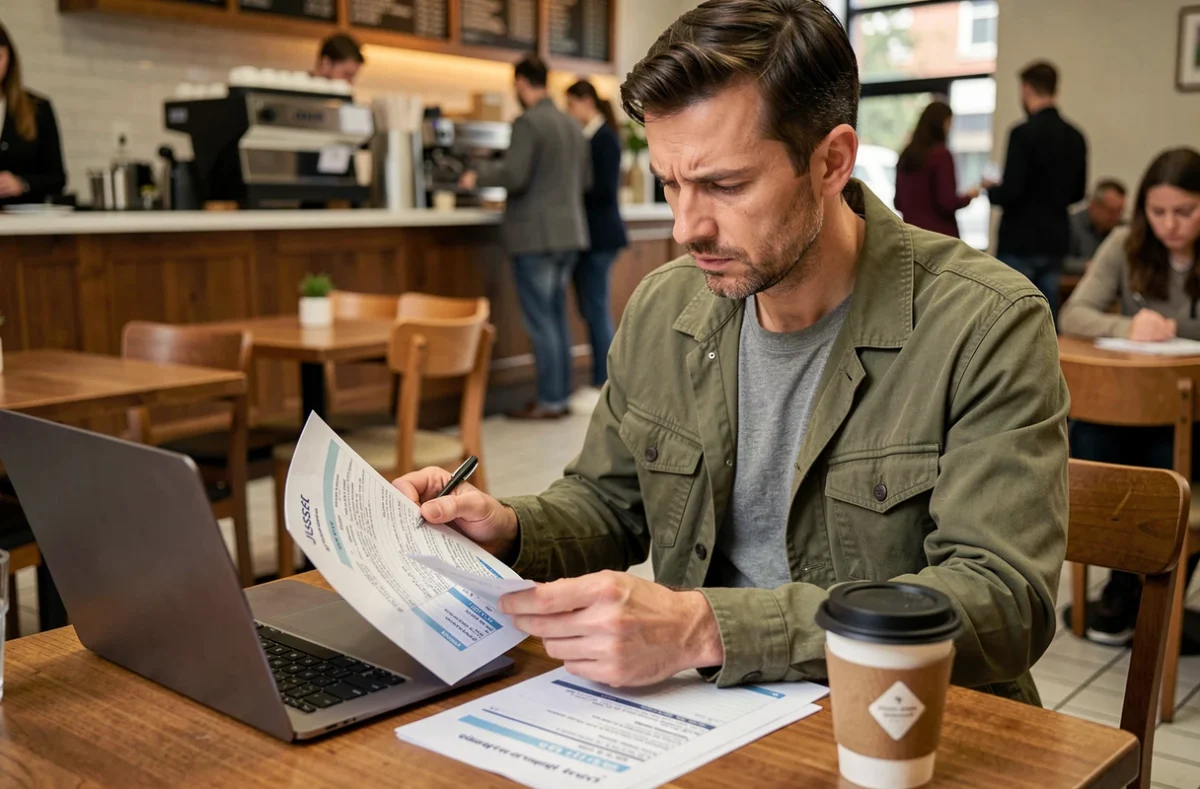 Travailleur indépendant vérifiant ses cotisations Urssaf en comparant des documents officiels dans un café urbain