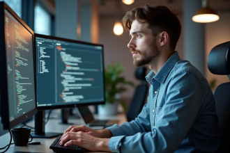 Ingénieur homme en code sur deux écrans dans un bureau moderne